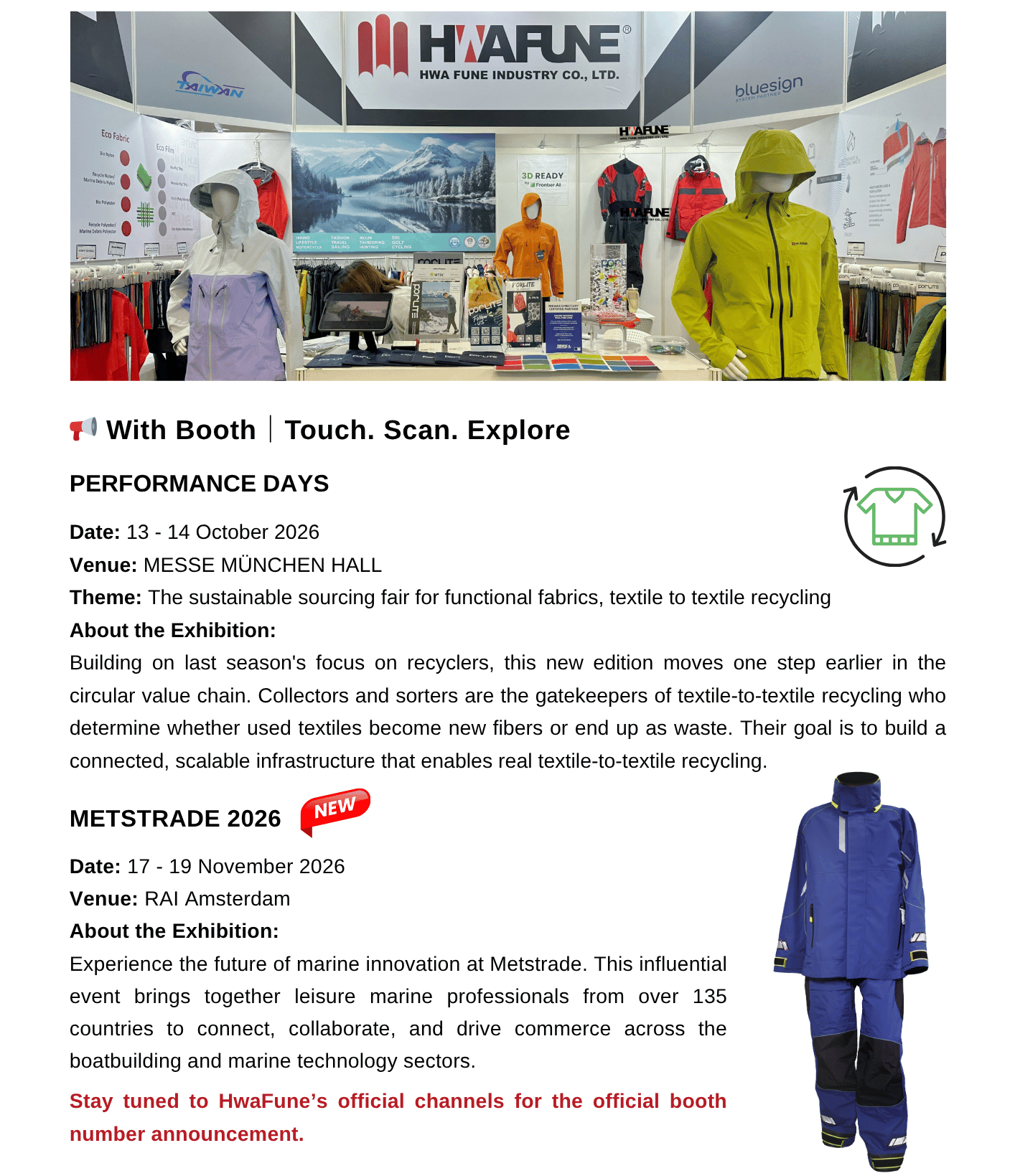 Hwa Fune Industry booth at an international textile exhibition, displaying outdoor apparel mannequins and fabric sample boards under the Hwafune and Bluesign banners. Below: 2026 Q3&ndash;Q4 exhibition highlights including Performance Days (October 13&ndash;14, Messe M&uuml;nchen) focused on sustainable textile-to-textile recycling, and METSTRADE 2026 (November 17&ndash;19, RAI Amsterdam) for the leisure marine industry, featuring a marine jacket and trouser product image.