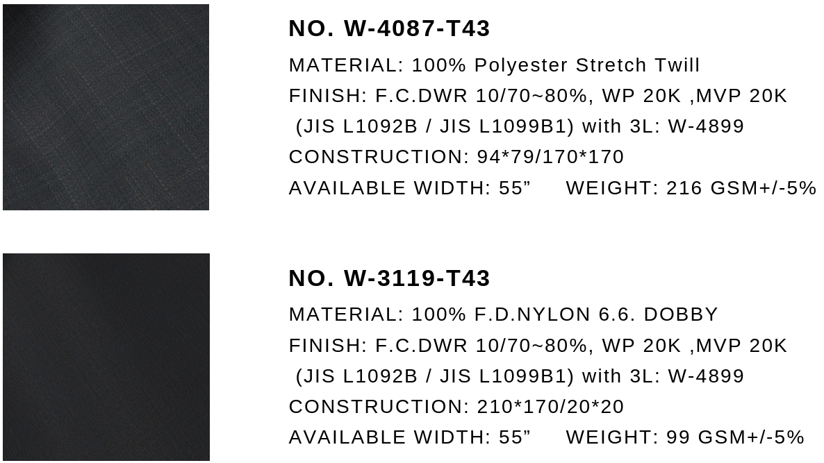 Hwafune PORLITE&reg; fabric swatches used in the ALLENKO3 jacket: W-4087-T43 polyester stretch twill and W-3119-T43 nylon 6.6 dobby, both 3-layer with 20K waterproof and 20K breathable ratings